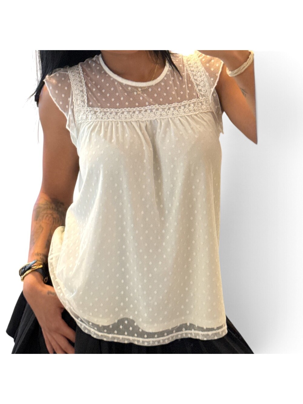 No Boundaries Ivory Lace Mesh Flutter Sleeve Top Keyhole Back